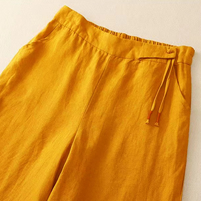 Buddha Stones Freizeithose, einfarbig, mit einem Knopf, weitem Bein und Taschen - image 1