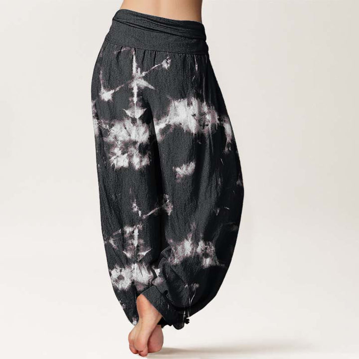 Buddha Stones Haremshose aus reiner Baumwolle mit weißen Linien und Punkten, Batikmuster, elastischer Taille für Damen - image 3