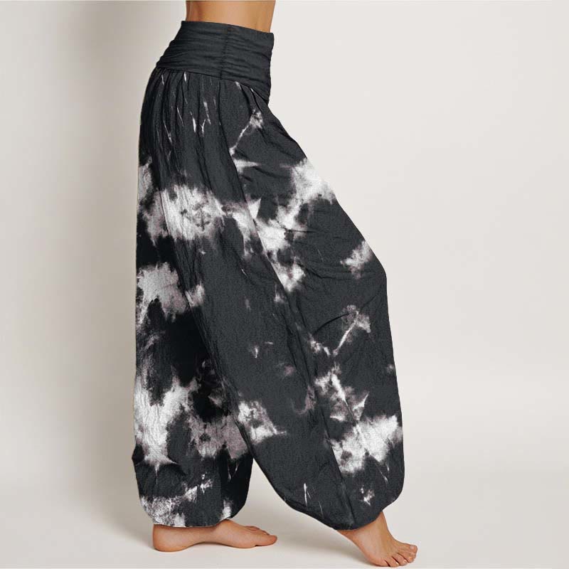 Buddha Stones Haremshose aus reiner Baumwolle mit weißen Linien und Punkten, Batikmuster, elastischer Taille für Damen - image 2