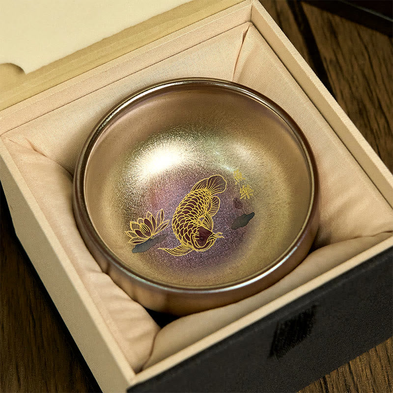 Buddha Stones, handgefertigt, chinesische Jianzhan-Teetasse mit Koi-Fisch und Lotusblatt, Keramik, Kung-Fu-Teetasse, 150 ml - Goldener Koi-Fisch 8,8 cm * 5,5 cm * 150 ml - Geschenkbox - image 5
