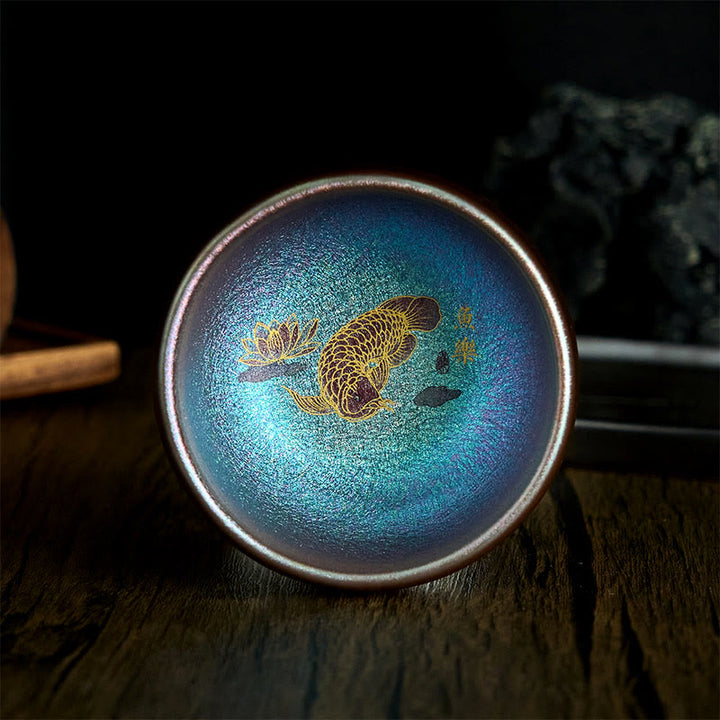 Buddha Stones, handgefertigt, chinesische Jianzhan-Teetasse mit Koi-Fisch und Lotusblatt, Keramik, Kung-Fu-Teetasse, 150 ml - Blaugoldener Koi-Fisch 8,8 cm * 5,5 cm * 150 ml - Ohne Geschenkbox - image 11