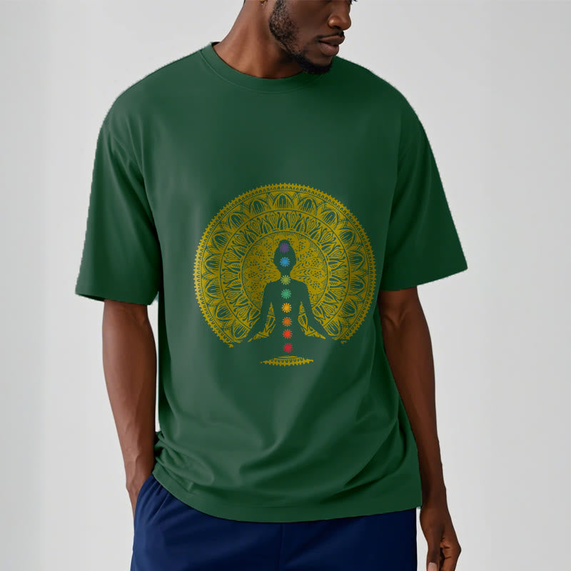 Buddha Stones Lässiges, buntes Chakra-Symbol, goldenes, meditatives Figurenmuster, Baumwoll-T-Shirt - image 12