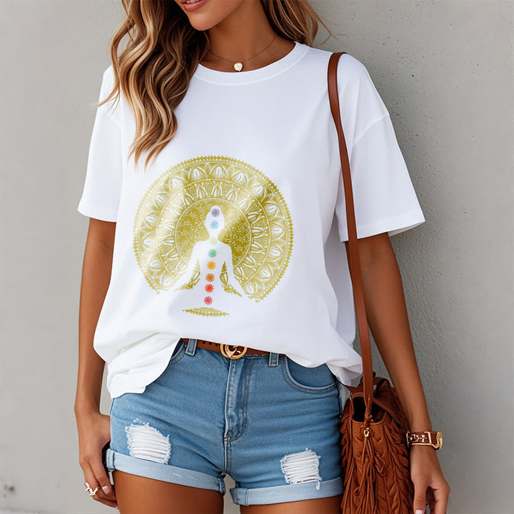 Buddha Stones Lässiges, buntes Chakra-Symbol, goldenes, meditatives Figurenmuster, Baumwoll-T-Shirt - image 8