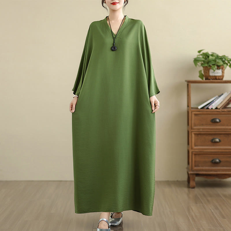 Buddha Stones Retro-Maxikleid aus lässigem, einfarbigem Baumwollleinen mit langen Ärmeln und Taschen - image 3