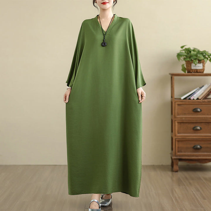 Buddha Stones Retro-Maxikleid aus lässigem, einfarbigem Baumwollleinen mit langen Ärmeln und Taschen - image 3