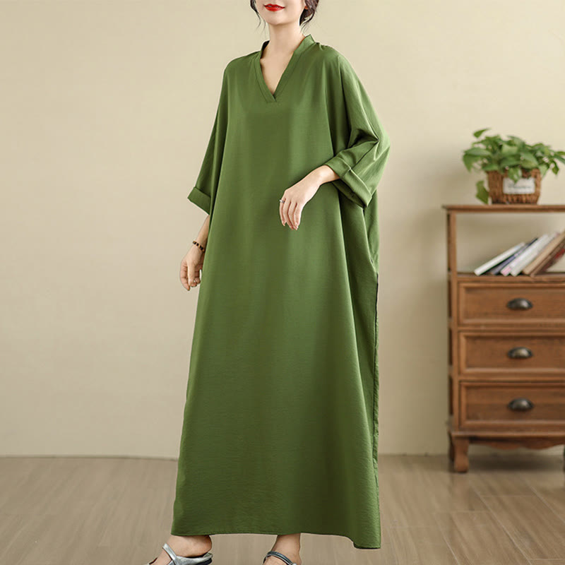 Buddha Stones Retro-Maxikleid aus lässigem, einfarbigem Baumwollleinen mit langen Ärmeln und Taschen - image 6