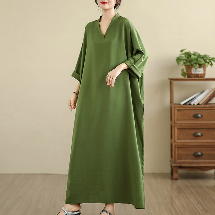 Buddha Stones Retro-Maxikleid aus lässigem, einfarbigem Baumwollleinen mit langen Ärmeln und Taschen - image 6