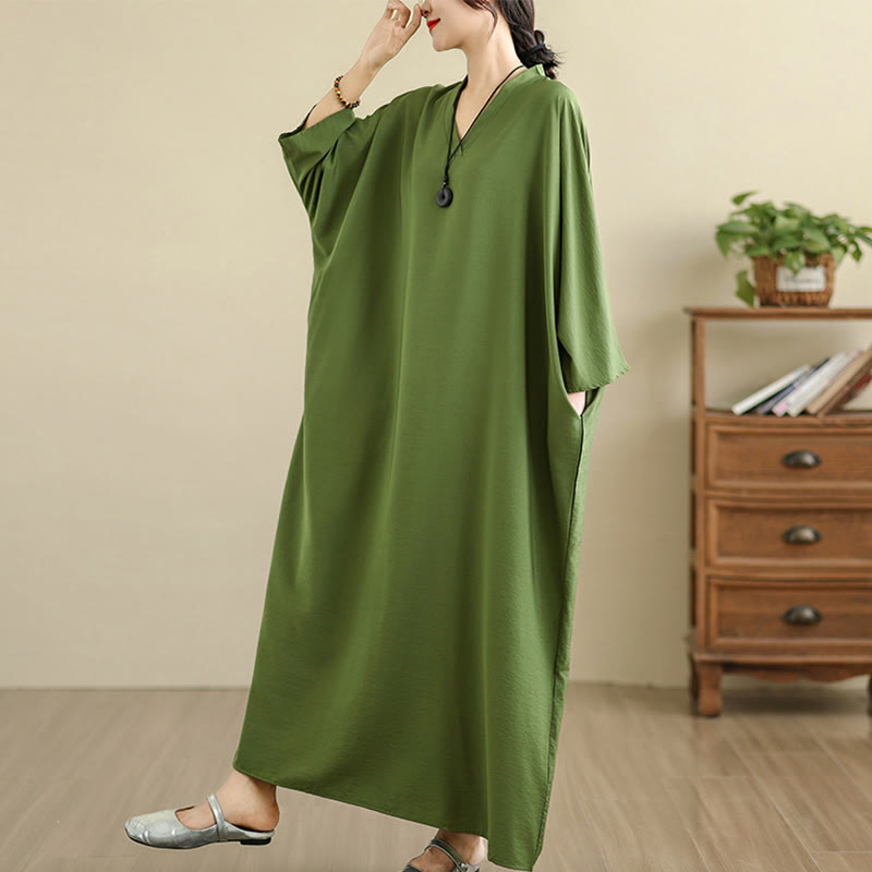 Buddha Stones Retro-Maxikleid aus lässigem, einfarbigem Baumwollleinen mit langen Ärmeln und Taschen - image 5