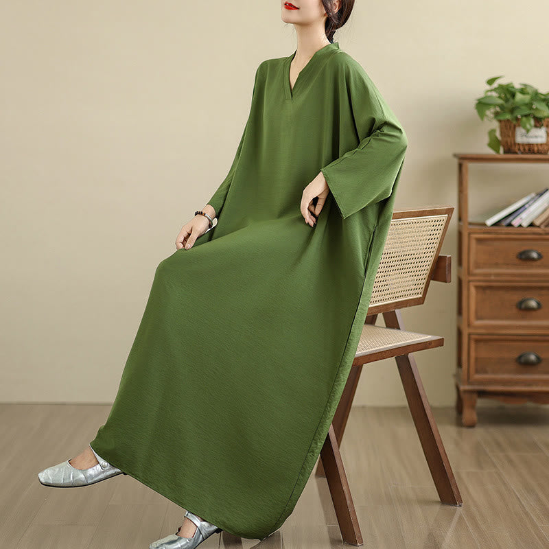 Buddha Stones Retro-Maxikleid aus lässigem, einfarbigem Baumwollleinen mit langen Ärmeln und Taschen - image 8