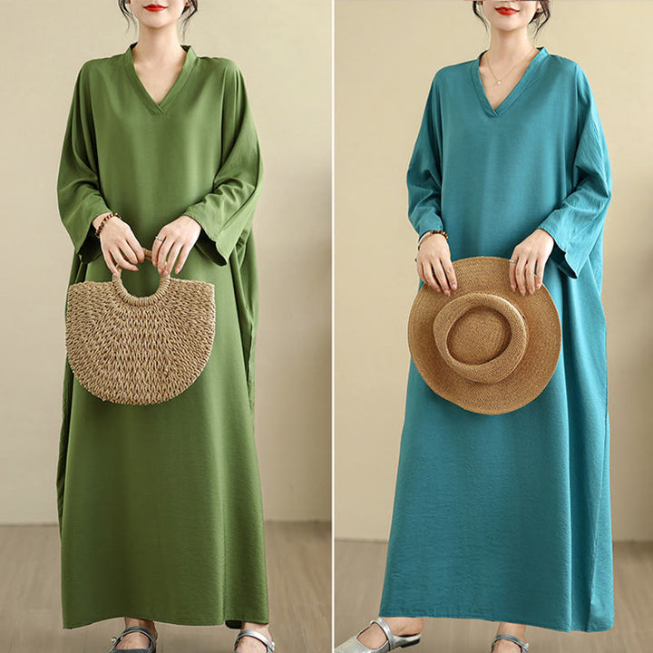 Buddha Stones Retro-Maxikleid aus lässigem, einfarbigem Baumwollleinen mit langen Ärmeln und Taschen - image 37