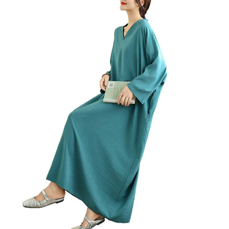 Buddha Stones Retro-Maxikleid aus lässigem, einfarbigem Baumwollleinen mit langen Ärmeln und Taschen - image 25