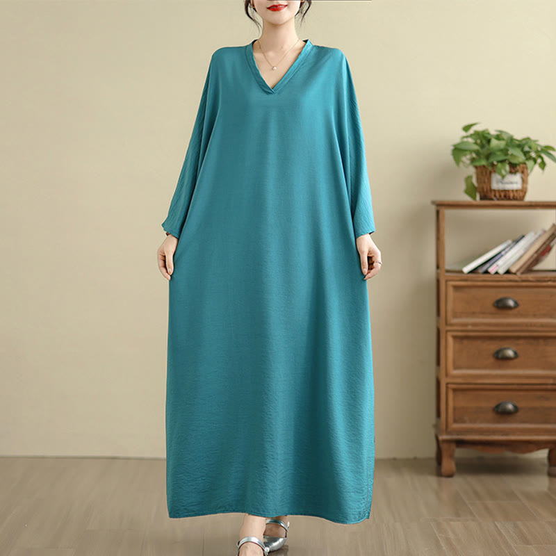 Buddha Stones Retro-Maxikleid aus lässigem, einfarbigem Baumwollleinen mit langen Ärmeln und Taschen - image 15