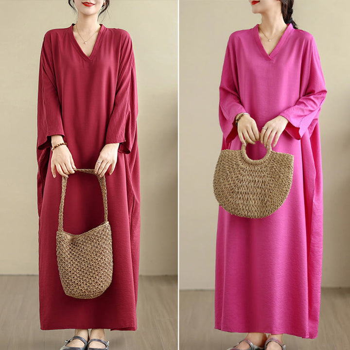 Buddha Stones Retro-Maxikleid aus lässigem, einfarbigem Baumwollleinen mit langen Ärmeln und Taschen - image 36