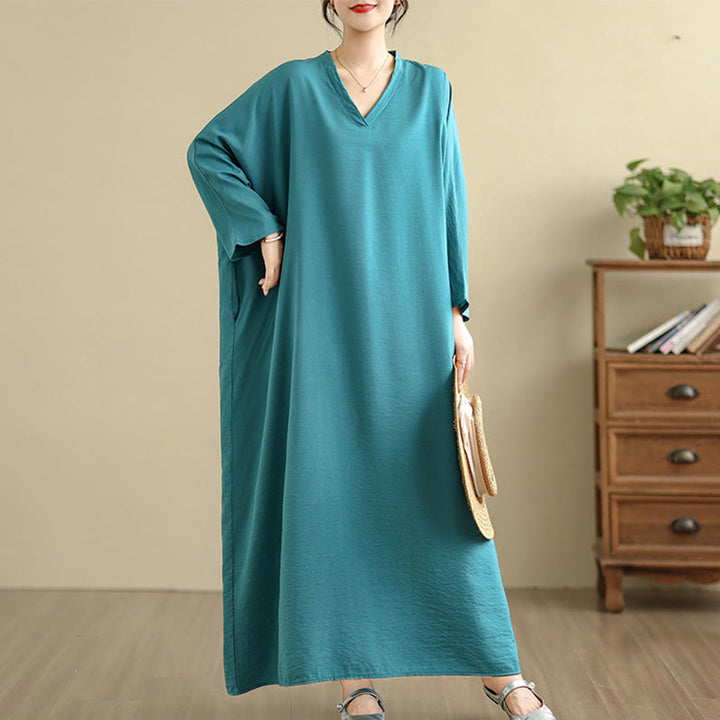 Buddha Stones Retro-Maxikleid aus lässigem, einfarbigem Baumwollleinen mit langen Ärmeln und Taschen - image 17