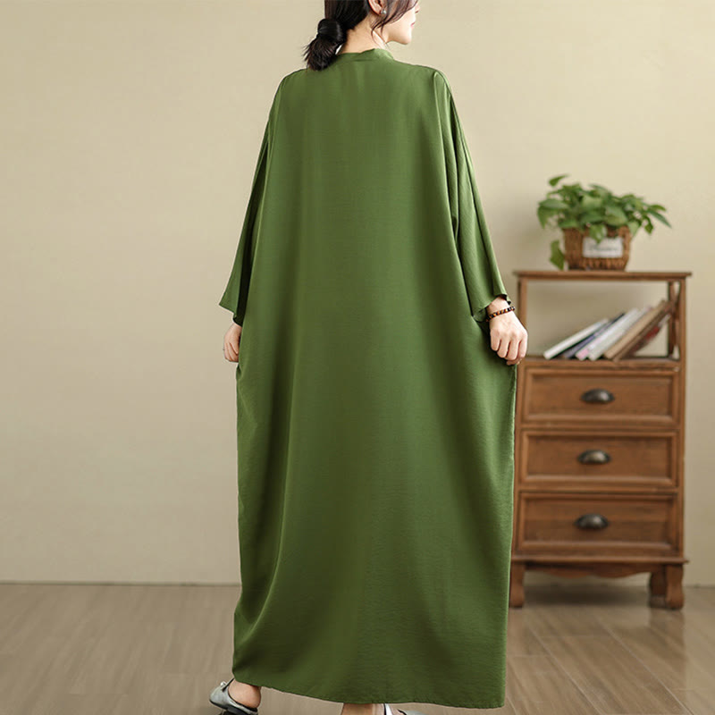 Buddha Stones Retro-Maxikleid aus lässigem, einfarbigem Baumwollleinen mit langen Ärmeln und Taschen - image 4