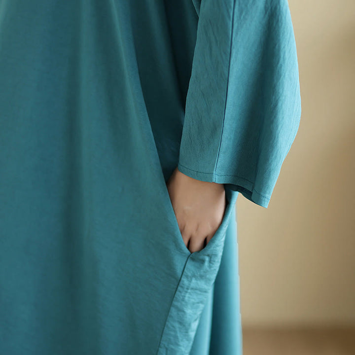 Buddha Stones Retro-Maxikleid aus lässigem, einfarbigem Baumwollleinen mit langen Ärmeln und Taschen - image 23