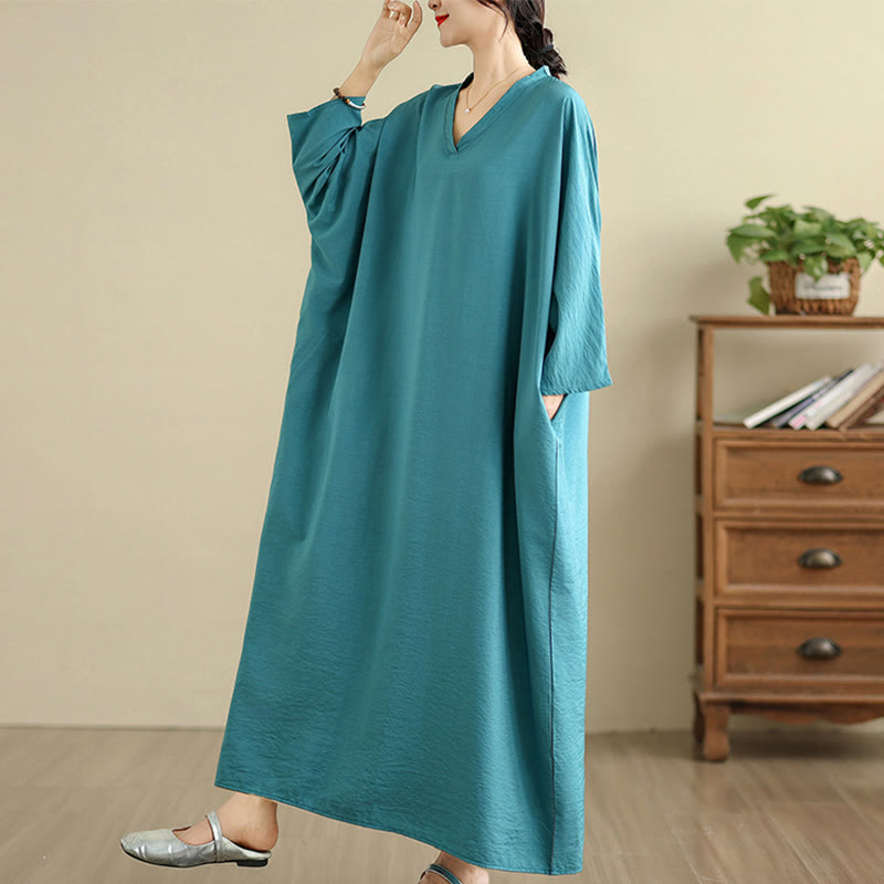 Buddha Stones Retro-Maxikleid aus lässigem, einfarbigem Baumwollleinen mit langen Ärmeln und Taschen - image 18