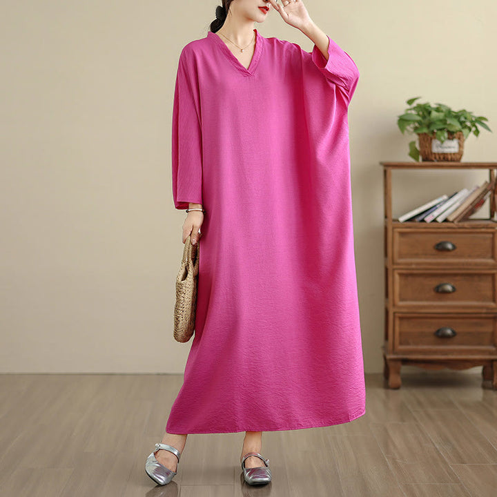 Buddha Stones Retro-Maxikleid aus lässigem, einfarbigem Baumwollleinen mit langen Ärmeln und Taschen - image 28