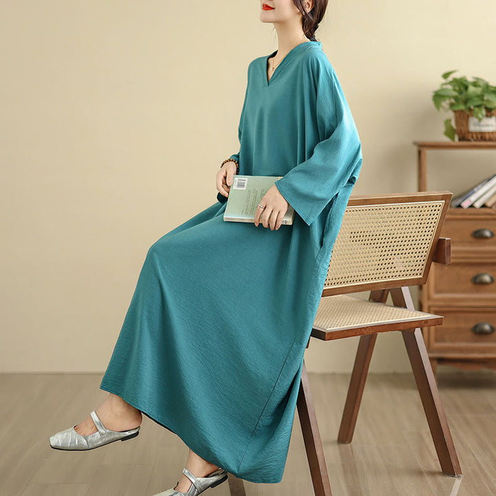 Buddha Stones Retro-Maxikleid aus lässigem, einfarbigem Baumwollleinen mit langen Ärmeln und Taschen - image 20