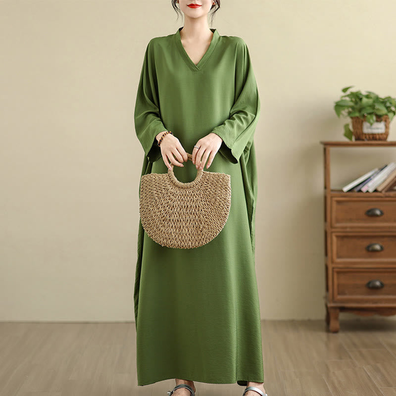 Buddha Stones Retro-Maxikleid aus lässigem, einfarbigem Baumwollleinen mit langen Ärmeln und Taschen - Olivgrün - US4-12， UK/AU8-18，EU36-46(F) - image 1