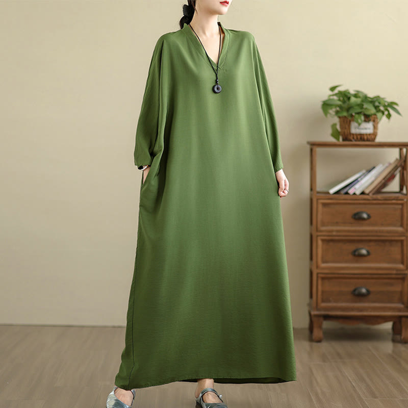 Buddha Stones Retro-Maxikleid aus lässigem, einfarbigem Baumwollleinen mit langen Ärmeln und Taschen - image 7