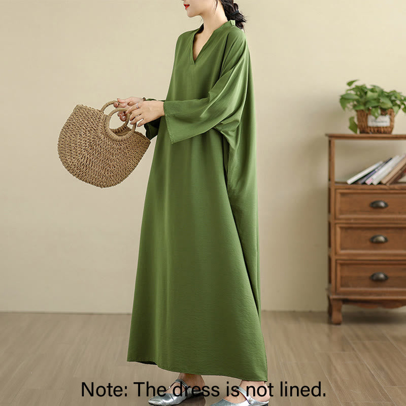 Buddha Stones Retro-Maxikleid aus lässigem, einfarbigem Baumwollleinen mit langen Ärmeln und Taschen - image 2