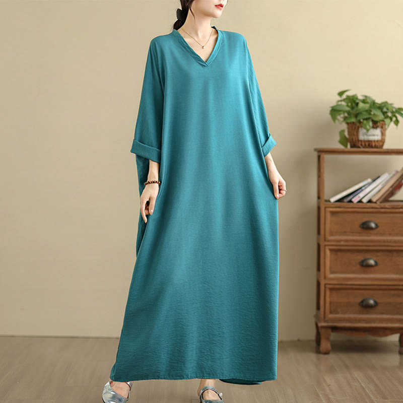 Buddha Stones Retro-Maxikleid aus lässigem, einfarbigem Baumwollleinen mit langen Ärmeln und Taschen - HellMeerGrün - US4-12， UK/AU8-18，EU36-46(F) - image 13