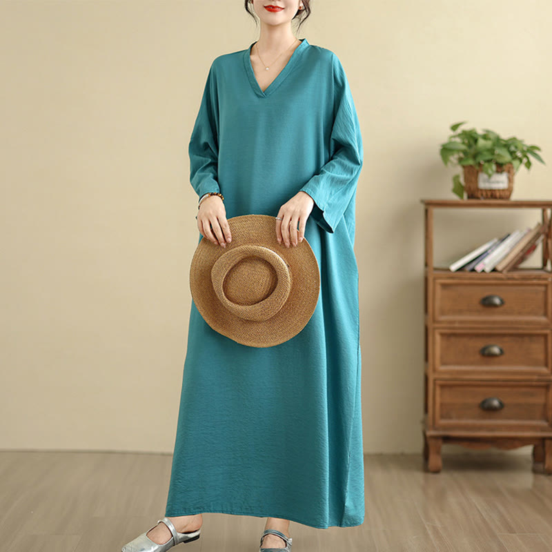 Buddha Stones Retro-Maxikleid aus lässigem, einfarbigem Baumwollleinen mit langen Ärmeln und Taschen - image 19