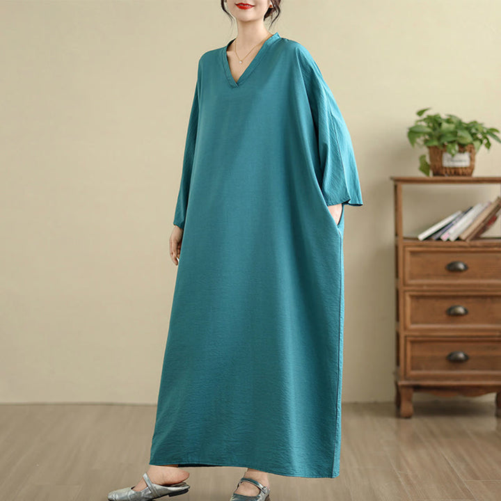 Buddha Stones Retro-Maxikleid aus lässigem, einfarbigem Baumwollleinen mit langen Ärmeln und Taschen - image 16