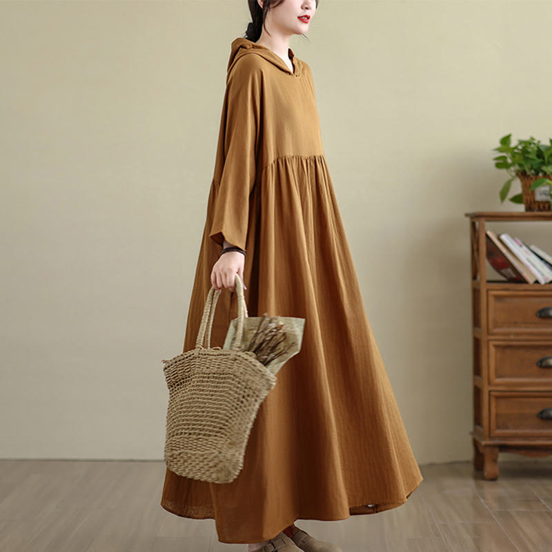 Buddha Stones Herbst-Hoodie-Design, langärmliges Midikleid aus Baumwolle und Leinen mit Taschen - image 6