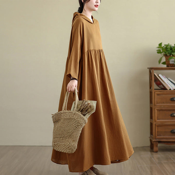 Buddha Stones Herbst-Hoodie-Design, langärmliges Midikleid aus Baumwolle und Leinen mit Taschen - image 6