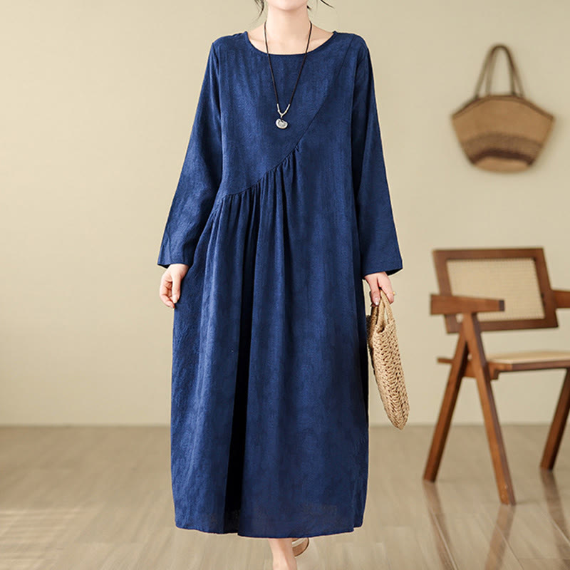 Buddha Stones – Schlichtes, unregelmäßiges, langärmliges Midikleid aus Baumwolle und Leinen mit Jacquard-Blumenmuster und Taschen - image 3