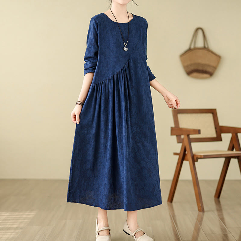 Buddha Stones – Schlichtes, unregelmäßiges, langärmliges Midikleid aus Baumwolle und Leinen mit Jacquard-Blumenmuster und Taschen - Mitternachtsblau - US8-10, UK/AU12-14, EU40-42 (2XL) - image 0