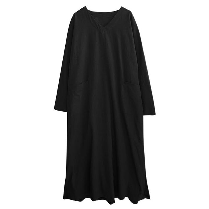 Buddha Stones Fall Lässiges, schlichtes Design, langärmeliges Maxikleid aus Baumwolle und Leinen mit Taschen - image 17