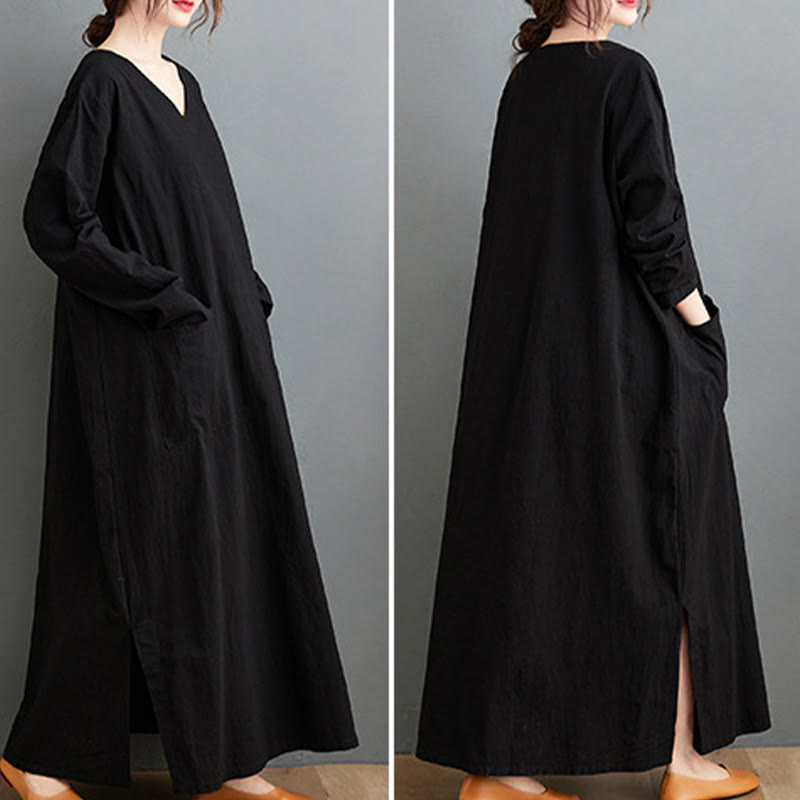 Buddha Stones Fall Lässiges, schlichtes Design, langärmeliges Maxikleid aus Baumwolle und Leinen mit Taschen - image 15
