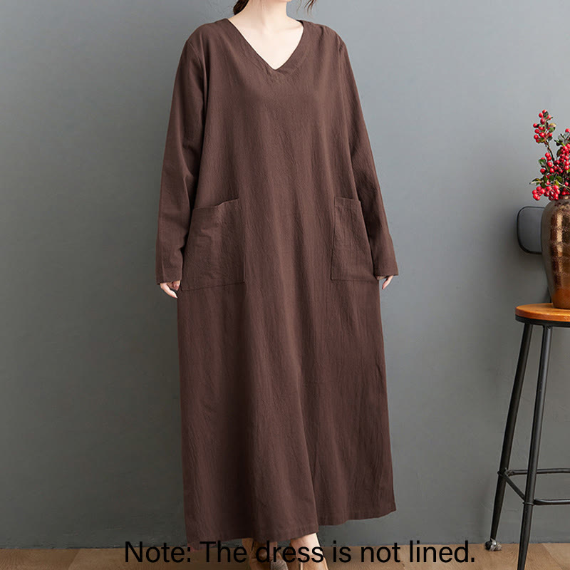 Buddha Stones Fall Lässiges, schlichtes Design, langärmeliges Maxikleid aus Baumwolle und Leinen mit Taschen - image 2