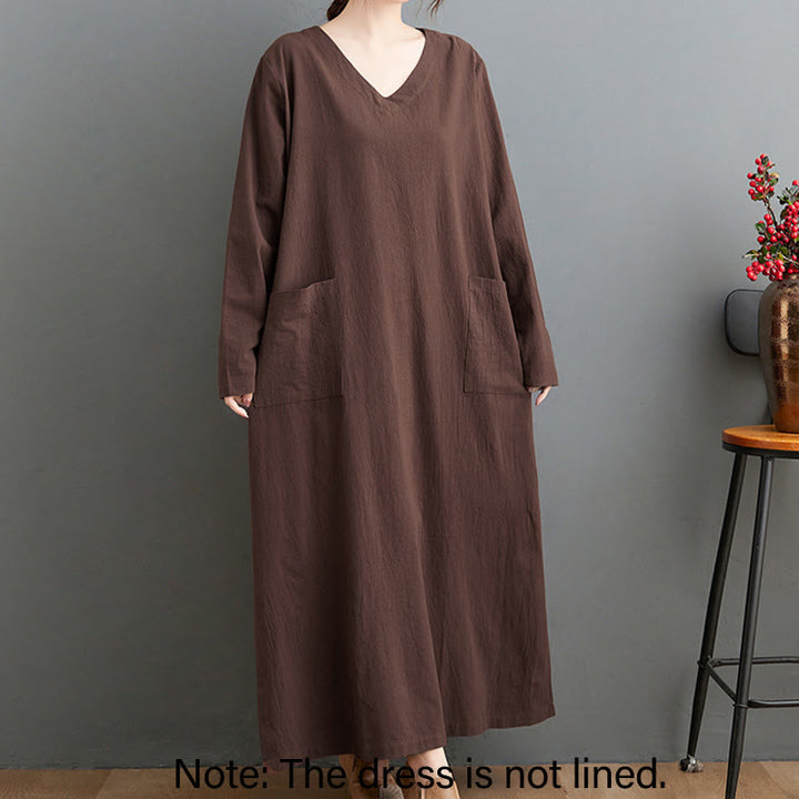 Buddha Stones Fall Lässiges, schlichtes Design, langärmeliges Maxikleid aus Baumwolle und Leinen mit Taschen - image 2