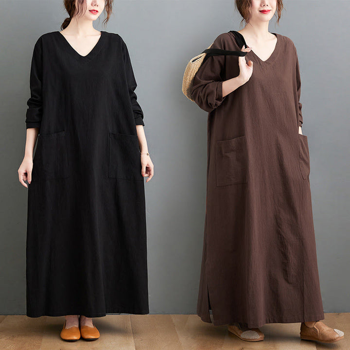 Buddha Stones Fall Lässiges, schlichtes Design, langärmeliges Maxikleid aus Baumwolle und Leinen mit Taschen - image 18