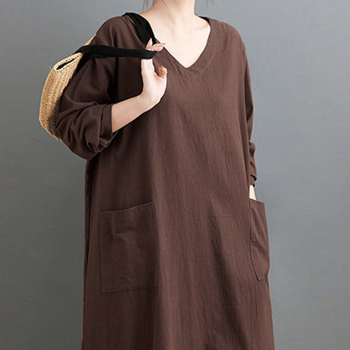 Buddha Stones Fall Lässiges, schlichtes Design, langärmeliges Maxikleid aus Baumwolle und Leinen mit Taschen - image 5