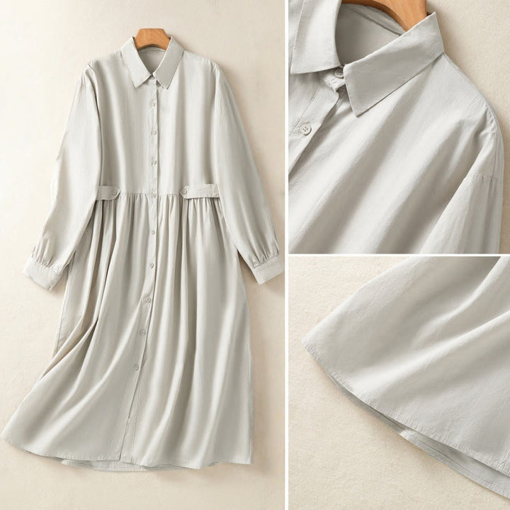 Buddha Stones – Lässiges, kariertes, plissiertes Knopfdesign, langärmliges Midikleid aus Baumwolle mit Taschen - image 15