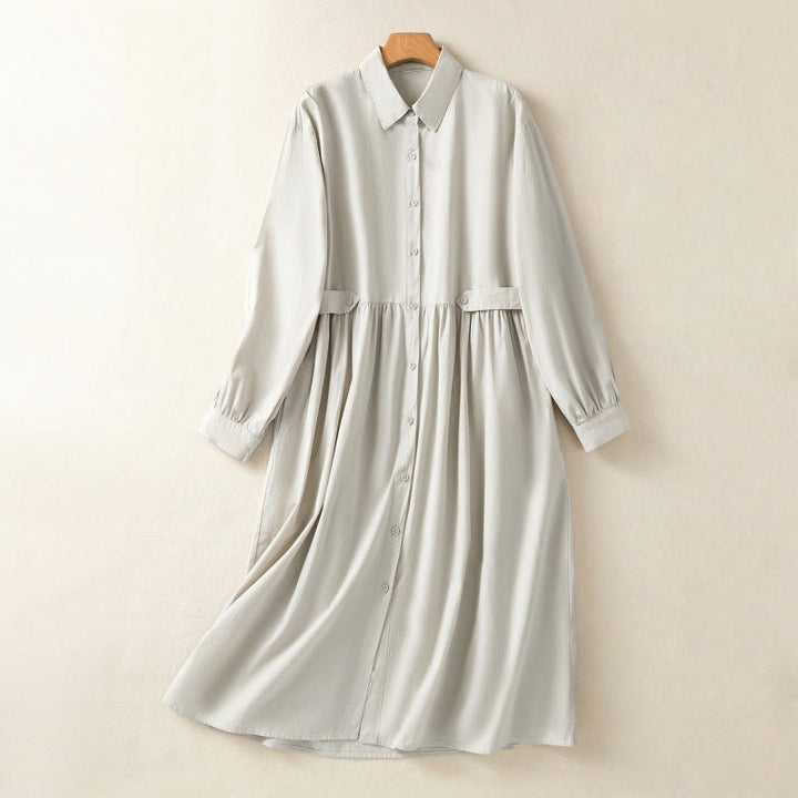 Buddha Stones – Lässiges, kariertes, plissiertes Knopfdesign, langärmliges Midikleid aus Baumwolle mit Taschen - Beige - US8-10， UK/AU12-14，EU40-42 (2XL) - image 1