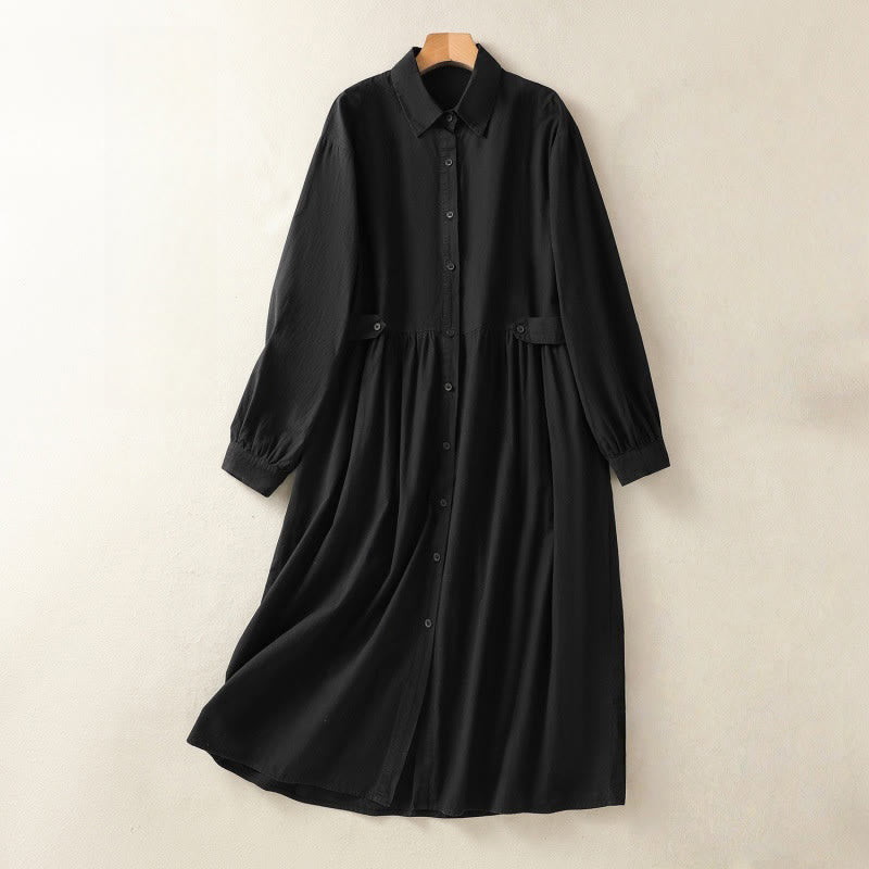 Buddha Stones – Lässiges, kariertes, plissiertes Knopfdesign, langärmliges Midikleid aus Baumwolle mit Taschen - Schwarz - US8-10， UK/AU12-14，EU40-42 (2XL) - image 17