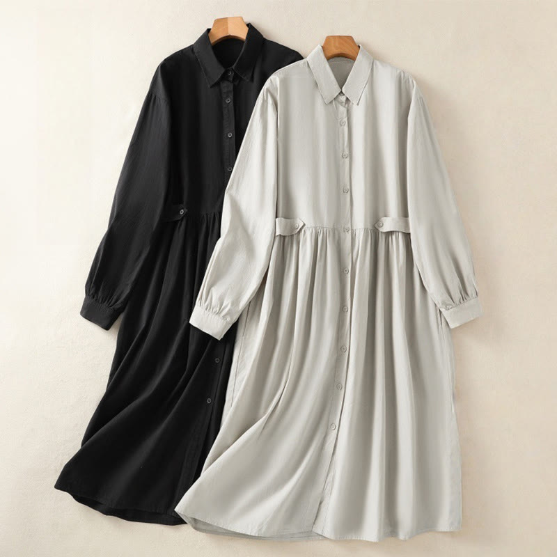 Buddha Stones – Lässiges, kariertes, plissiertes Knopfdesign, langärmliges Midikleid aus Baumwolle mit Taschen - image 26