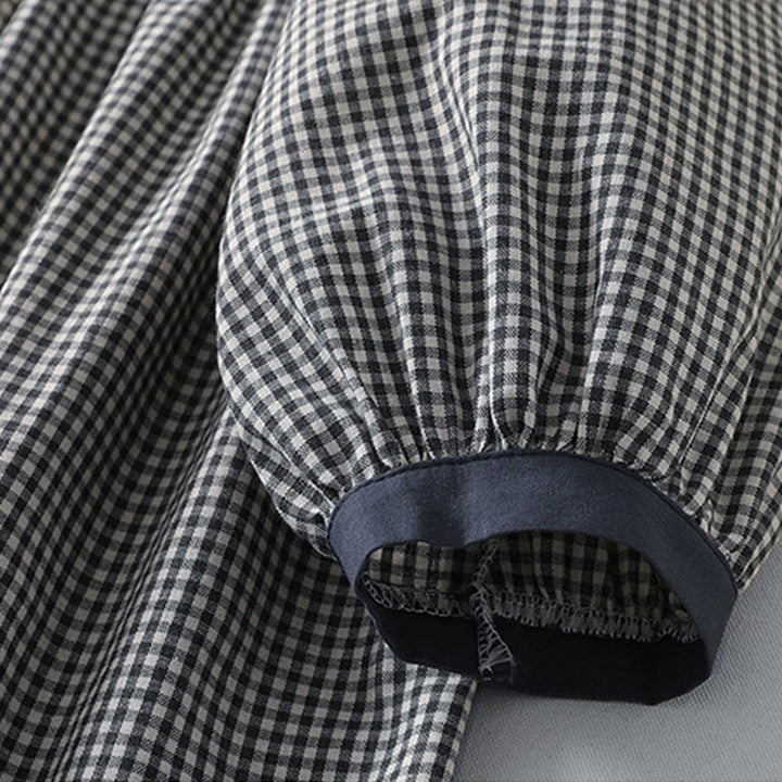 Buddha Stones – Lässiges Midikleid aus Baumwolle und Leinen mit Karomuster, langen Laternenärmeln und Taschen - image 13