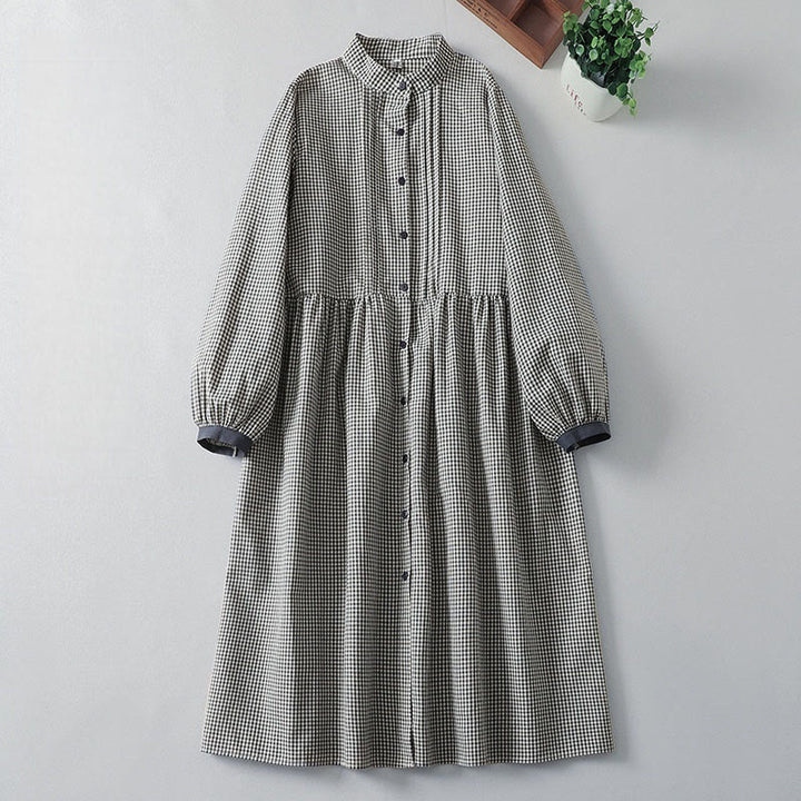 Buddha Stones – Lässiges Midikleid aus Baumwolle und Leinen mit Karomuster, langen Laternenärmeln und Taschen - Schwarz - US8-10， UK/AU12-14，EU40-42 (2XL) - image 7