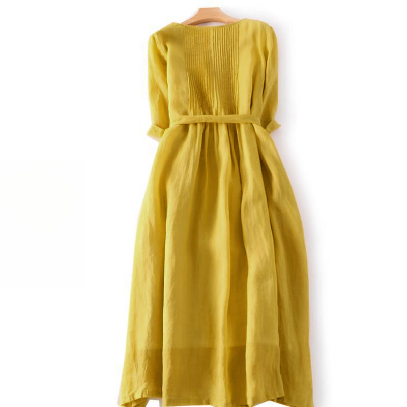 Buddha Stones Lässiges, schlichtes Midikleid mit Schnürung, Rundhalsausschnitt, halben Ärmeln und Taschen - image 6