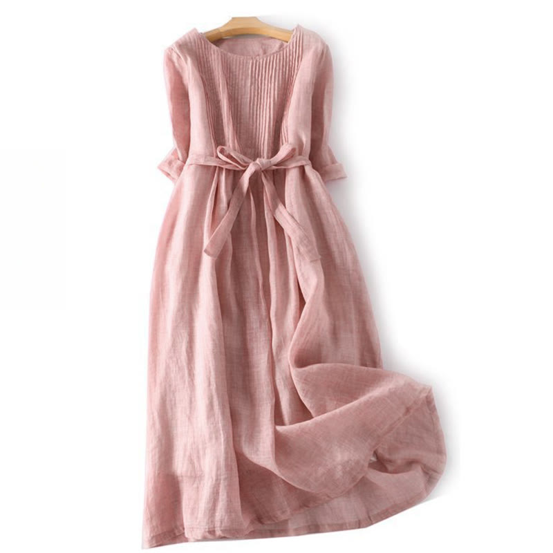 Buddha Stones Lässiges, schlichtes Midikleid mit Schnürung, Rundhalsausschnitt, halben Ärmeln und Taschen - Hellrosa - US12, UK/AU16, EU44 (3XL) - image 0