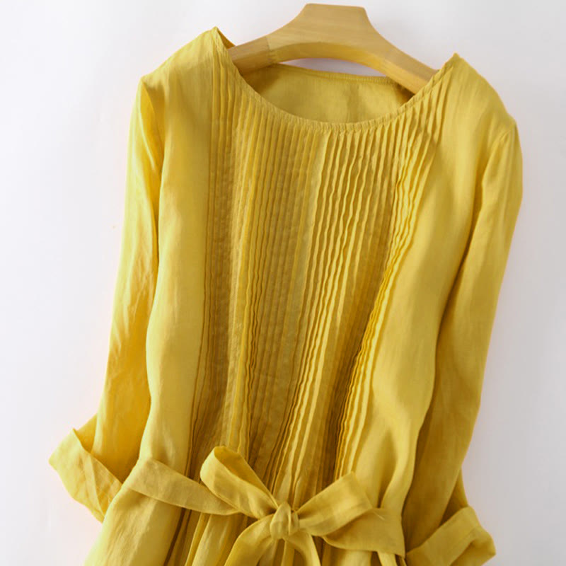 Buddha Stones Lässiges, schlichtes Midikleid mit Schnürung, Rundhalsausschnitt, halben Ärmeln und Taschen - image 10