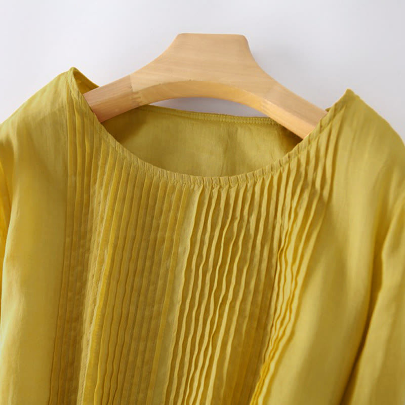 Buddha Stones Lässiges, schlichtes Midikleid mit Schnürung, Rundhalsausschnitt, halben Ärmeln und Taschen - image 9