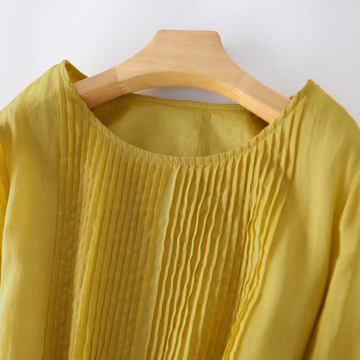 Buddha Stones Lässiges, schlichtes Midikleid mit Schnürung, Rundhalsausschnitt, halben Ärmeln und Taschen - image 9